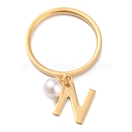 Dual-use Items, 304 Stainless Steel Finger Rings or Pendants, with Plastic Round Beads, Golden, White, Letter.N, US Size 5~9(15.7~18.9mm)(RJEW-O045-21-GN)