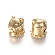 Brass Micro Pave Cubic Zirconia Cougar Beads, Lion Head, Green, Real 18K Gold Plated, 14x14x14mm, Hole: 2.5mm(ZIRC-L088-06A-G)