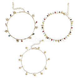 3Pcs 3 Styles Brass Enamel Charm Anklets, with Bar Link Chains and Lobster Claw Clasps, Mixed Color, 1pc/style(AJEW-SZ0001-55)