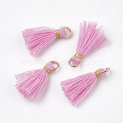 Polycotton(Polyester Cotton) Tassel Pendant Decorations, Mini Tassel, with Iron Findings and Metallic Cord, Light Gold, Pearl Pink, 10~15x2~3mm, Hole: 1.5mm(FIND-S281-27)