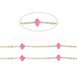 Stainless Steel Satellite Chains, with Enamel Beads and Spool, Soldered, Long-Lasting Plated, Flat Round, Golden, Hot Pink, 1.5x1.2x0.3mm, about 32.8 Feet(10m)/roll(CHS-I006-03G-E)