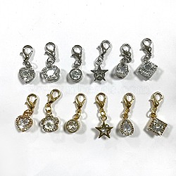 2 Sets Zinc Alloy Pave Clear Cubic Zirconia Pendants, with Lobster Claw Clasps, Mixed Shape, Platinum & Golden, 25~28mm, 1pc/style, 6 style/set(HJEW-SZ0001-29)