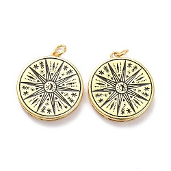 5Pcs Brass Enamel Pendants, with Jump Ring, Long-Lasting Plated, Flat Round with Sun, Black, Real 18K Gold Plated, 22x20x3mm, Jump Ring: 5x1mm, 3mm Inner Diameter(KK-SZ0004-35)