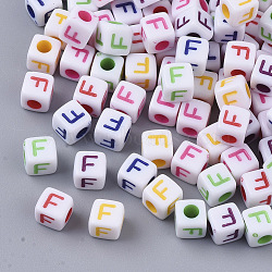 White Opaque Acrylic Beads, Horizontal Hole, Cube with Mixed Color Letter, Letter.F, 5x5x5mm, Hole: 2mm, about 5000pcs/500g(MACR-R869-01F)