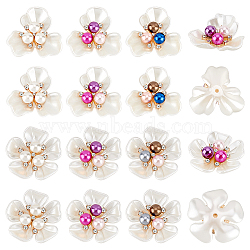 24Pcs 6 Style ABS Plastic Imitation Pearl with Glass Rhinestone Beads, with Alloy Findings, Half Drilled, Flower, Mixed Color, 35~38x11~13mm, Hole: 2~2.4mm, 4pcs/style(KY-GA0001-30)