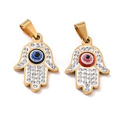 304 Stainless Steel Pendants, with Polymer Clay Rhinestone and Evil Eye Resin Round Beads, 201 Stainless Steel Bails, Hamsa Hnad, Mixed Color, 23~23.5x16.5x4.2mm, Hole: 3.8x7.5mm(STAS-F277-09G)