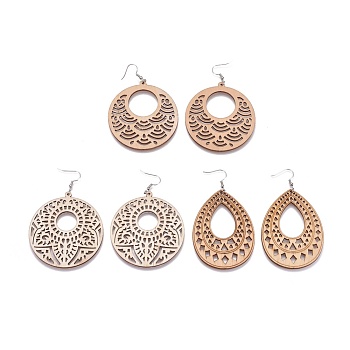 Laser Cut Wood Dangle Earrings, with Stainless Steel Findings and Brass Earring Hooks, Mixed Shapes, Wheat, 84~86mm, Pendant: 64~67.5x2.5~3mm