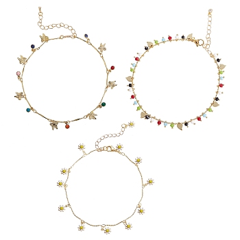 3Pcs 3 Styles Brass Enamel Charm Anklets, with Bar Link Chains and Lobster Claw Clasps, Mixed Color, 1pc/style