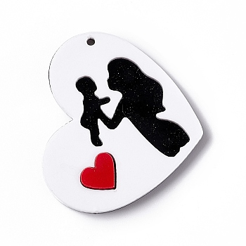 Mother's Day Acrylic Pendants, Heart with Mother and Baby Charms, White, 36.5x42x3.5mm, Hole: 1.6mm