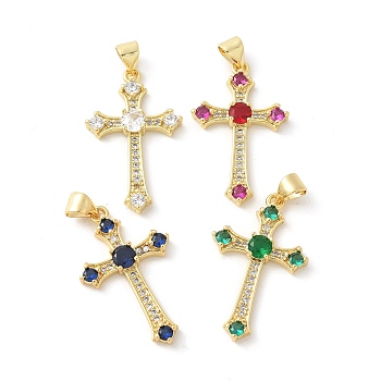 Brass Micro Pave Cubic Zirconia Pendants, Cross Charms, Rack Plating, Cadmium Free & Lead Free, Long-Lasting Plated, Real 18K Gold Plated, Mixed Color, 27x16.5x3.5mm, Hole: 4x3.5mm