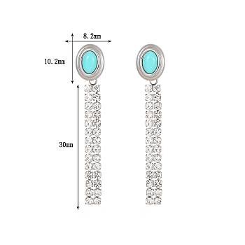 Fashionable Stainless Steel Earrings with Turquoise Inlay and Zircon Chain, Silver, Oval