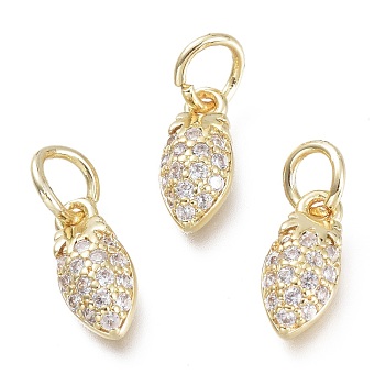 Brass Micro Pave Clear Cubic Zirconia Pendants, with Jump Rings, Strawberry, Real 18K Gold Plated, 10x5x3mm, Hole: 3.5mm
