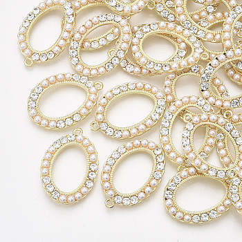 ABS Plastic Imitation Pearl Pendants, with Crystal Rhinestone and Alloy Findings, Oval, Light Gold, 32x23x4mm, Hole: 1.6mm