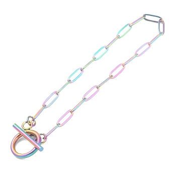 Ion Plating(IP) 304 Stainless Steel Paperclip Chain Bracelets, with Toggle Clasps, Rainbow Color, 7-5/8 inch(19.4cm)