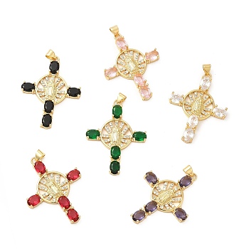 Rack Plating Brass Pendants, with Glass Cubic Zirconia, Religion Cross with Virgin Mary Charm, Cadmium Free & Lead Free, Long-Lasting Plated, Real 18K Gold Plated, Mixed Color, 39.5x30x5mm, Hole: 5X3mm
