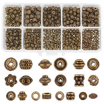 Elite 500Pcs 10 Styles Tibetan Style Alloy Spacer Beads, Rondelle & Column % Bicone, Mixed Shapes, Antique Bronze, 5~7x3~7mm, Hole: 1~3mm, 50pcs/style