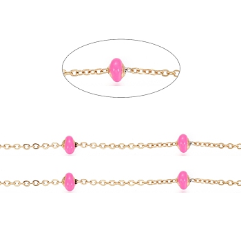 Stainless Steel Satellite Chains, with Enamel Beads and Spool, Soldered, Long-Lasting Plated, Flat Round, Golden, Hot Pink, 1.5x1.2x0.3mm, about 32.8 Feet(10m)/roll