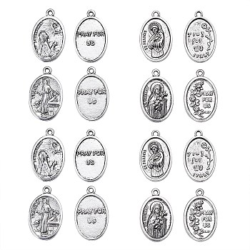 20Pcs 4 Style Tibetan Style Alloy Pendants, ST. FRANCIS OF ASSISI MEDAL, Oval, Cadmium Free & Lead Free, Antique Silver, 25~25.5x15.5~16x2~2.5mm, Hole: 1.5mm, 5pcs/Style