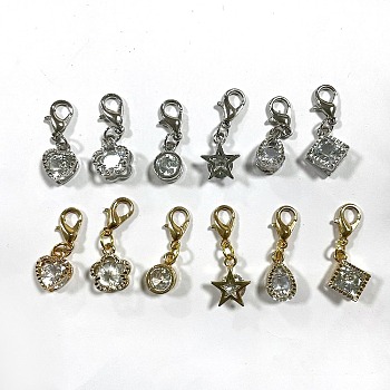 2 Sets Zinc Alloy Pave Clear Cubic Zirconia Pendants, with Lobster Claw Clasps, Mixed Shape, Platinum & Golden, 25~28mm, 1pc/style, 6 style/set