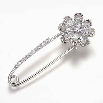 Brass Micro Pave Cubic Zirconia Safety Brooch, Flower, Clear, Platinum, 58x21mm, Pin: 1.5mm