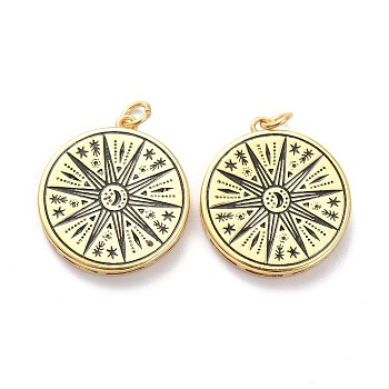 5Pcs Brass Enamel Pendants, with Jump Ring, Long-Lasting Plated, Flat Round with Sun, Black, Real 18K Gold Plated, 22x20x3mm, Jump Ring: 5x1mm, 3mm Inner Diameter