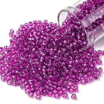 TOHO Round Seed Beads, Japanese Seed Beads, (2214) Silver Lined Hot Pink, 8/0, 3mm, Hole: 1mm, about 222pcs/10g