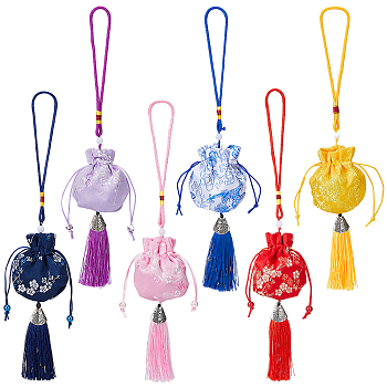 6Pcs 6 Colors Plum lossom & Dragon Pattern Brocade Bag Pendant Decorations, for Interior Car Mirror Hanging Decorations, Mixed Color, 330~335mm, 1pc/color