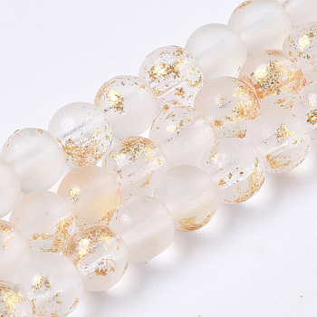 Frosted Spray Painted Glass Beads Strands, with Golden Foil, Round, PapayaWhip, 4~5mm, Hole: 0.9~1.2mm, about 95~103pcs/Strand, 13.78 inch~14.88 inch(35~37.8cm)