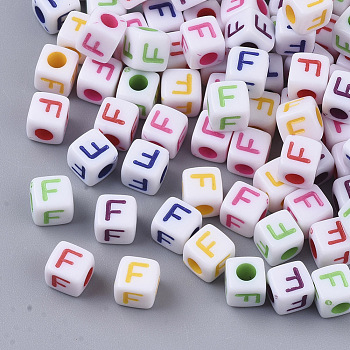 White Opaque Acrylic Beads, Horizontal Hole, Cube with Mixed Color Letter, Letter.F, 5x5x5mm, Hole: 2mm, about 5000pcs/500g