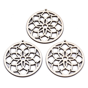 Undyed Natural Wooden Big Pendants, Laser Cut Shapes, Ring with Flower, Antique White, 52x49x2mm, Hole: 1.6mm