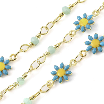 Enamel Flower Link Chains, with Glass Seed Beaded and Real 18K Gold Plated Brass Chain, Soldered, with Spools, Long-Lasting Plated, Cadmium Free & Lead Free, Cornflower Blue, 13x7x1.6mm