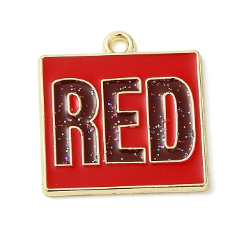 Alloy Enamel Pendants, Golden, Word Red, Rectangle, 21x20x1.5mm, Hole: 1.6mm