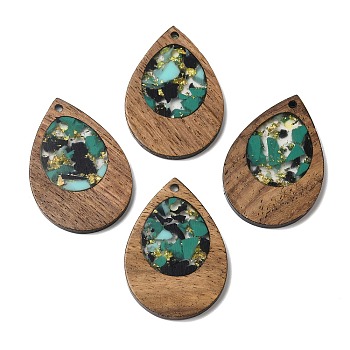 Wood & Resin Pendant, with Gold Foil, Teardrop Charms, Dark Turquoise, 38x25.5x3mm, Hole: 2mm