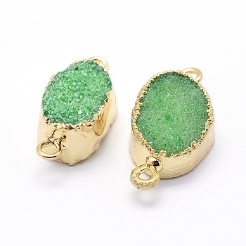 Natural & Electroplated Druzy Agate Links connectors, with Brass Findings, Oval, Golden, Green, 22~24x10~12x6~10mm, Hole: 2mm