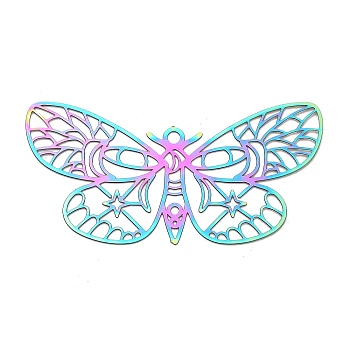 201 Stainless Steel Pendants, Etched Metal Embellishments, Butterfly Charm, Rainbow Color, 20.5x41x0.3mm, Hole: 1.6mm