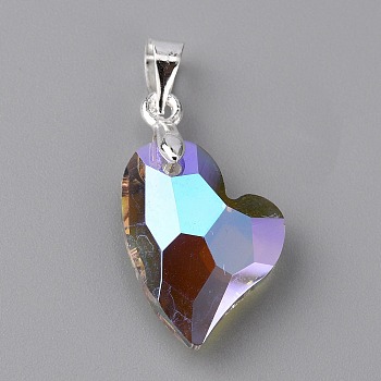 Electroplate Glass Pendants, with Silver Plated Zinc Alloy Finding, Heart, Lilac, 17x12.5x5mm, Hole: 4.5x4mm