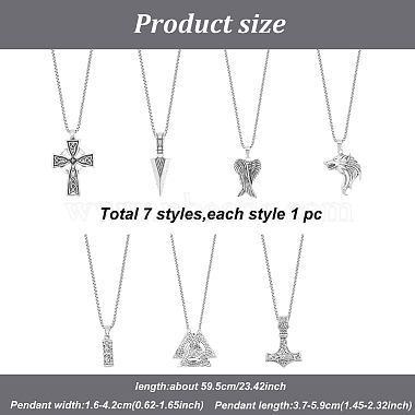 7Pcs 7 Style Arrow & Wolf & Cross & Axe & Wing Pendant Necklaces Set(NJEW-AN0001-44)-7