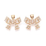 Brass Micro Pave Cubic Zirconia Pendants, Bowknot Charms, Real 18K Gold Plated, 16x20.5~21x4mm, Hole: 5x3~3.5mm(KK-T073-36G)