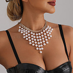 Alloy Imitation Pearl Round Tassel Bib Necklaces for Women, White, Golden, 16.54 inch(42cm)(WGDE514-01)