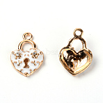 Zinc Alloy Enamel Pendants, with Rhinestone, Heart Lock, Light Gold, White, 22x15x4.5mm, Hole: 2mm(ENAM-TAC0014-02B)