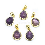 Natural Amethyst Pendants, with Golden Tone Brass Findings, teardrop, Faceted, 14.5x9.5x5mm, Hole: 2.5x3.5mm(G-O176J-03G)