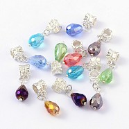 European Dangle Charms, with Alloy, Brass and Glass Findings, teardrop, Silver Color Plated, Mixed Color, Size: about 8mm wide, 29mm long, hole: 4.5mm(MPDL-H037)