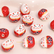 Handmade Porcelain Beads, Maneki Neko Cat, Red, 13x14mm(PW-WG11384-02)