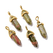 Natural Unakite Pendants, Faceted, with Golden Tone Brass Findings, Lead free & Cadmium Free, Bullet, 27~30x9~10x7~8mm, Hole: 4x3mm(G-K329-39G)