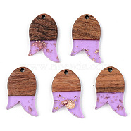 Transparent Resin & Walnut Wood Pendants, with Gold Foil, Fish, Lilac, 28x18x3mm, Hole: 2mm(RESI-S389-060B-B01)