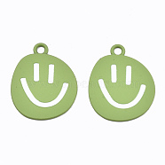 Spray Painted Alloy Pendants,  Cadmium Free & Lead Free, with Enamel, Smiling Face, Yellow Green, 24x19.5x1mm, Hole: 2mm(ENAM-S127-025B-RS)