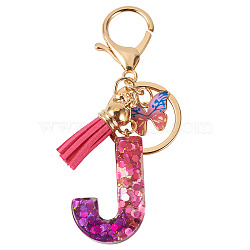 Alloy Resin Butterfly Keychains, with Lobster Claw Clasps, Golden, with Glitter Powder, Letter J, 100mm(KEYC-TADJ0002-02G-J)
