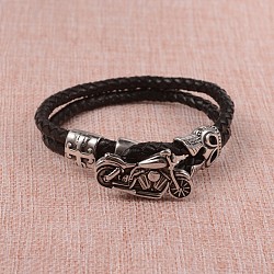Braided Leather Cord Bracelets, Multi-strand Bracelets, with 316 Surgical Stainless Steel Motorcycle Clasps, Antique Silver, Black, 235x5x2mm(X-BJEW-L605-38)