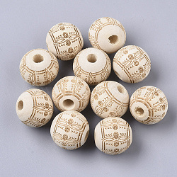 Unfinished Natural Wood European Beads, Large Hole Beads, Lead Free, Laser Engraved Pattern, Round with Flower Pattern, Moccasin, 15.5x14.5mm, Hole: 4mm(WOOD-T025-001E-LF)
