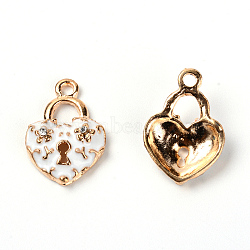 Zinc Alloy Enamel Pendants, with Rhinestone, Heart Lock, Light Gold, White, 22x15x4.5mm, Hole: 2mm(ENAM-TAC0014-02B)